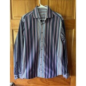 Bugatchi Uomo Large Dress Shirt Mens Blue Striped Long Sleeve Button Up Luxury